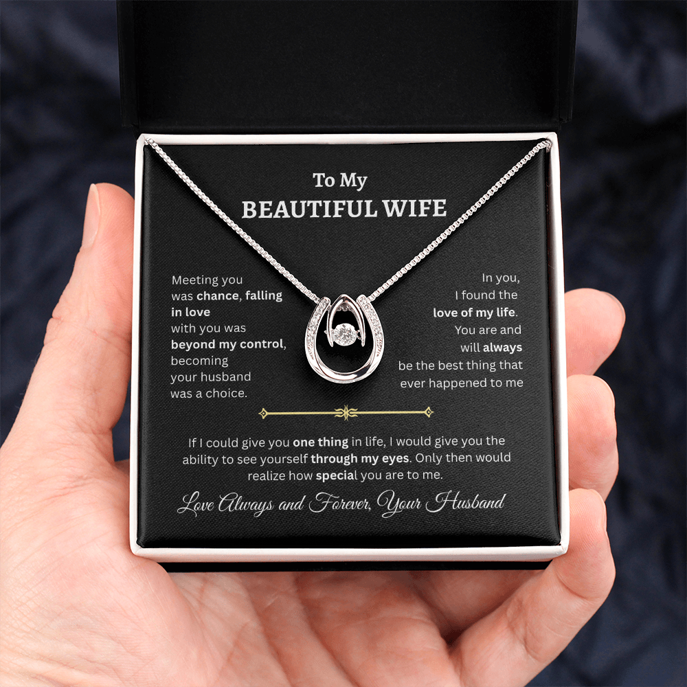 TO MY BEAUTIFUL WIFE | LOVE OF MY LIFE | LUCKY HORSESHOE AND WISHBONE NECKLACE