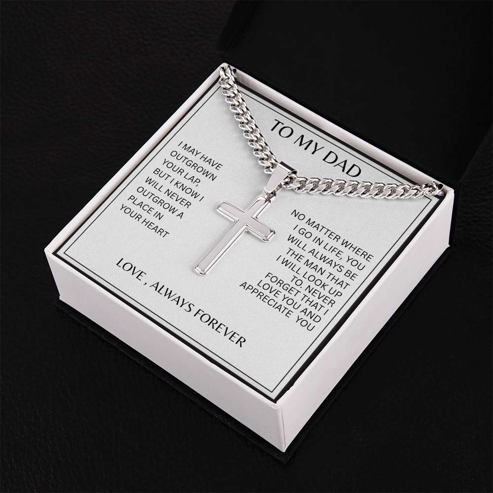 TO MY DAD | NEVER FORGET | SILVER CROSS AND CUBAN CHAIN NECKLACE