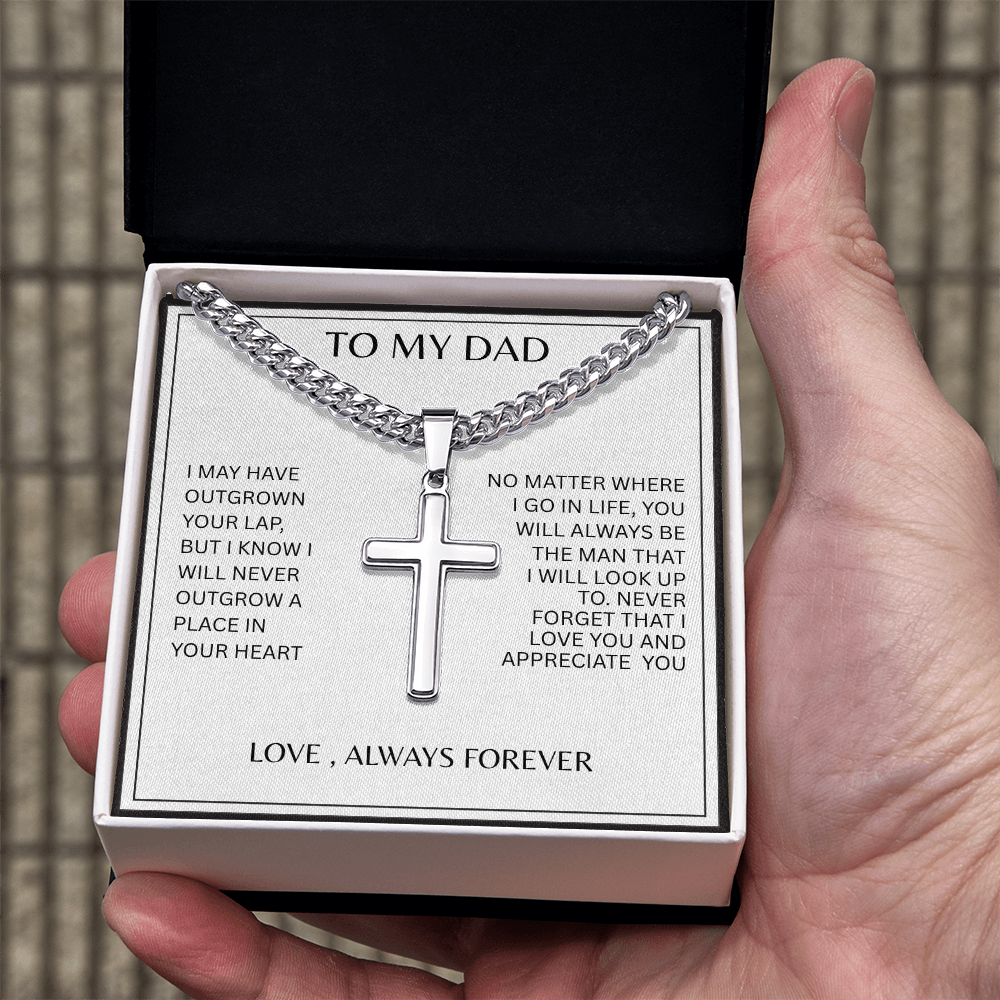 TO MY DAD | NEVER FORGET | SILVER CROSS AND CUBAN CHAIN NECKLACE
