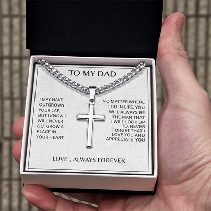 TO MY DAD | NEVER FORGET | SILVER CROSS AND CUBAN CHAIN NECKLACE