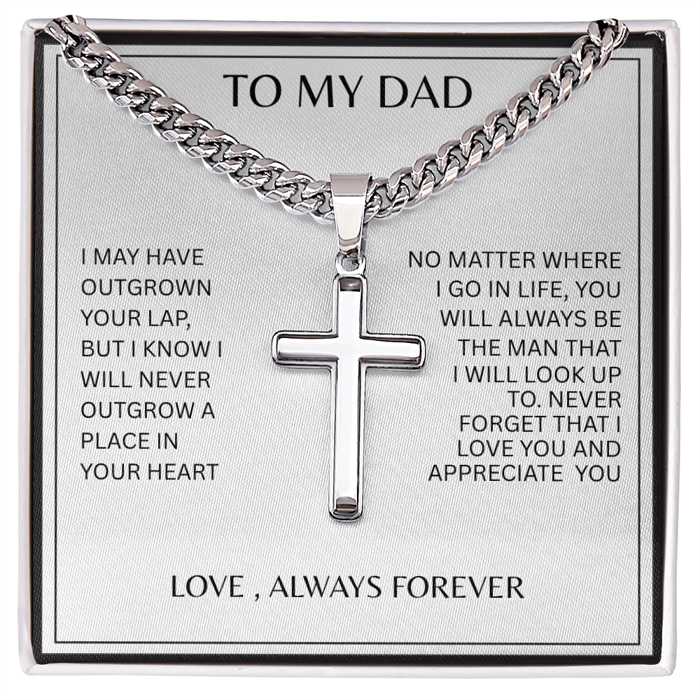 TO MY DAD | NEVER FORGET | SILVER CROSS AND CUBAN CHAIN NECKLACE