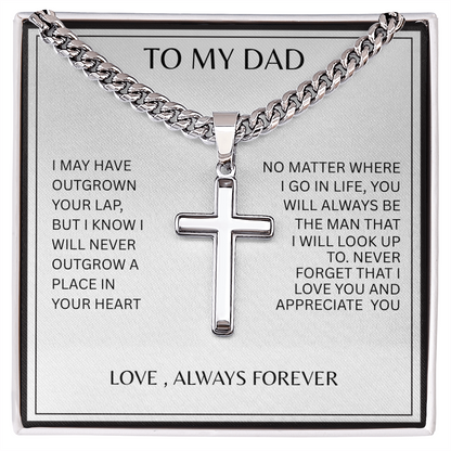 TO MY DAD | NEVER FORGET | SILVER CROSS AND CUBAN CHAIN NECKLACE