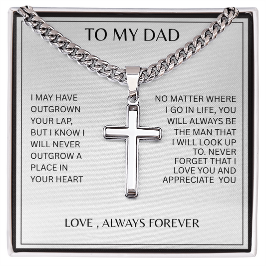 TO MY DAD | NEVER FORGET | SILVER CROSS AND CUBAN CHAIN NECKLACE