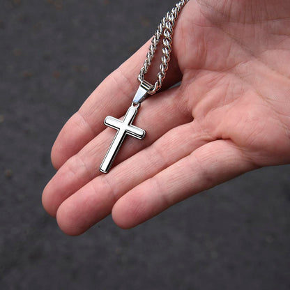 TO MY DAD | NEVER FORGET | SILVER CROSS AND CUBAN CHAIN NECKLACE