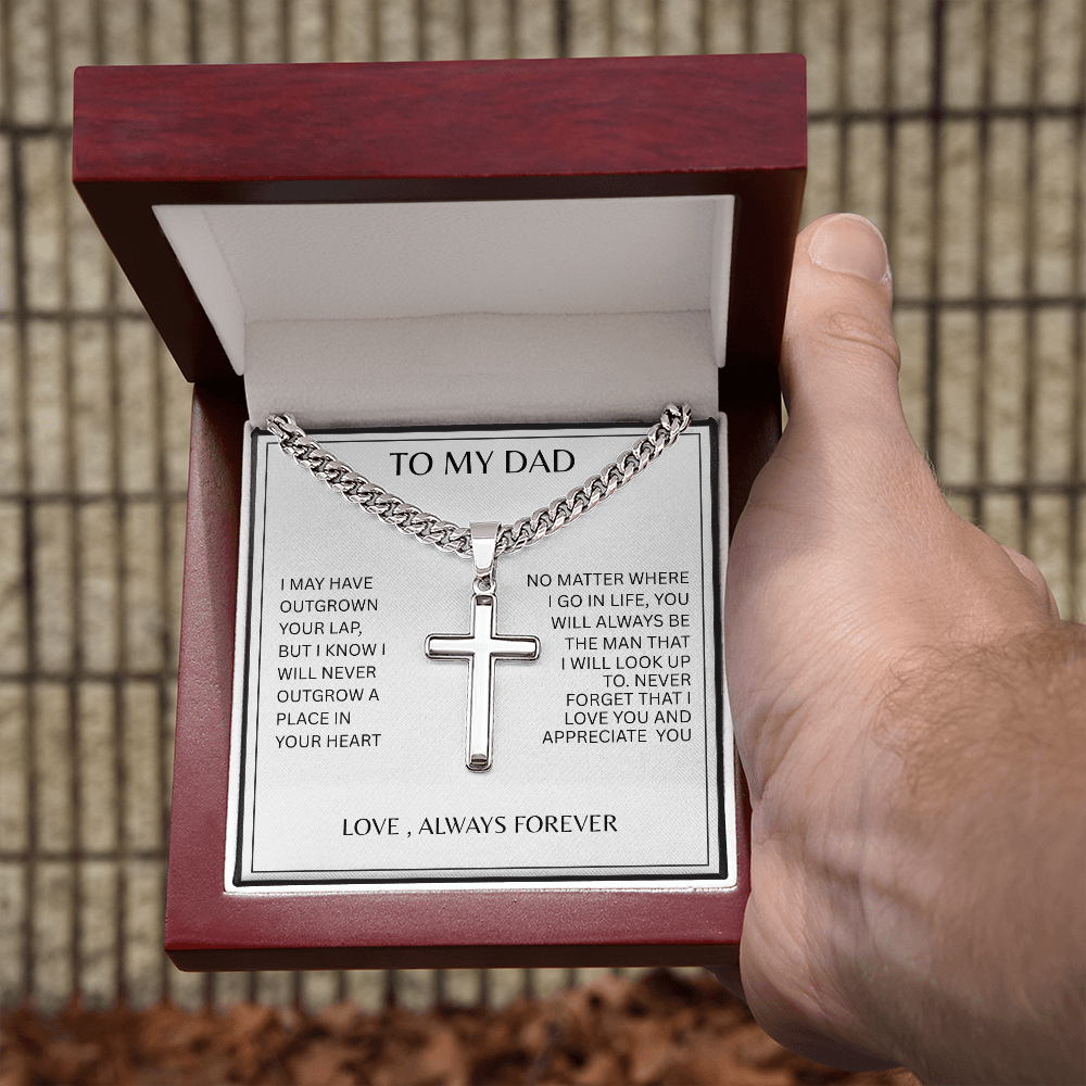 TO MY DAD | NEVER FORGET | SILVER CROSS AND CUBAN CHAIN NECKLACE