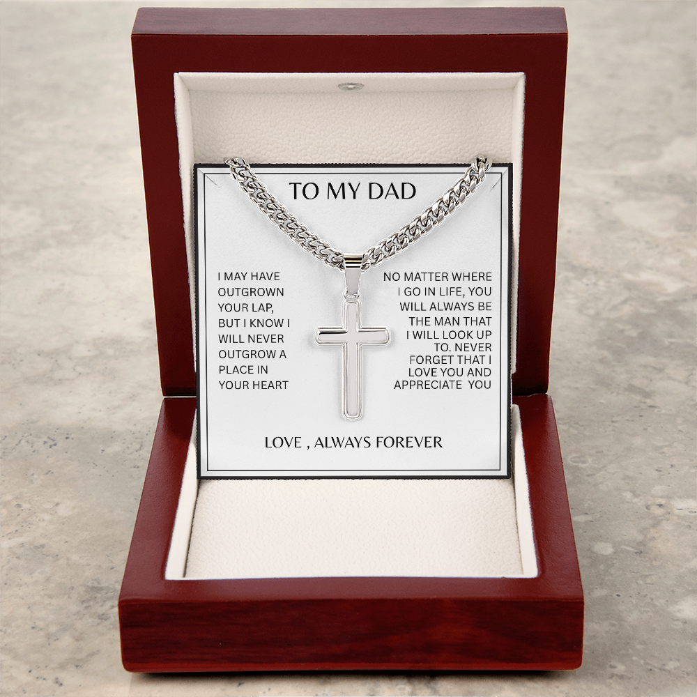 TO MY DAD | NEVER FORGET | SILVER CROSS AND CUBAN CHAIN NECKLACE