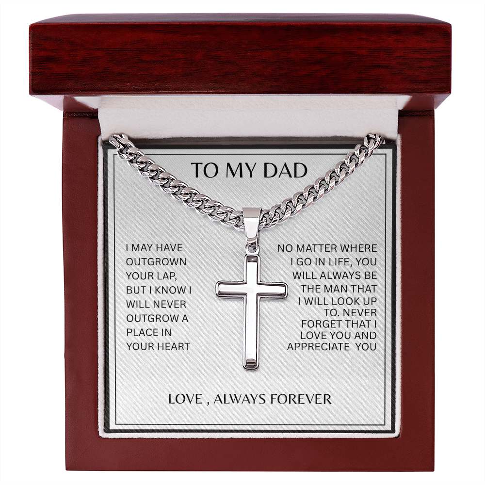 TO MY DAD | NEVER FORGET | SILVER CROSS AND CUBAN CHAIN NECKLACE