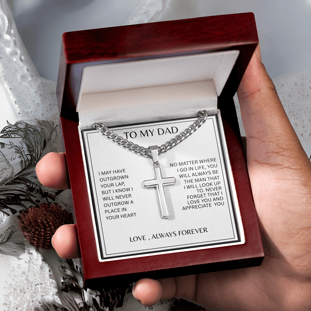 TO MY DAD | NEVER FORGET | SILVER CROSS AND CUBAN CHAIN NECKLACE