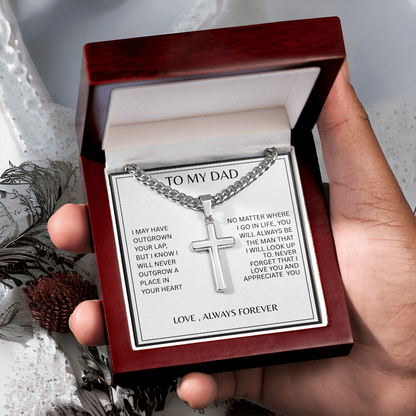 TO MY DAD | NEVER FORGET | SILVER CROSS AND CUBAN CHAIN NECKLACE
