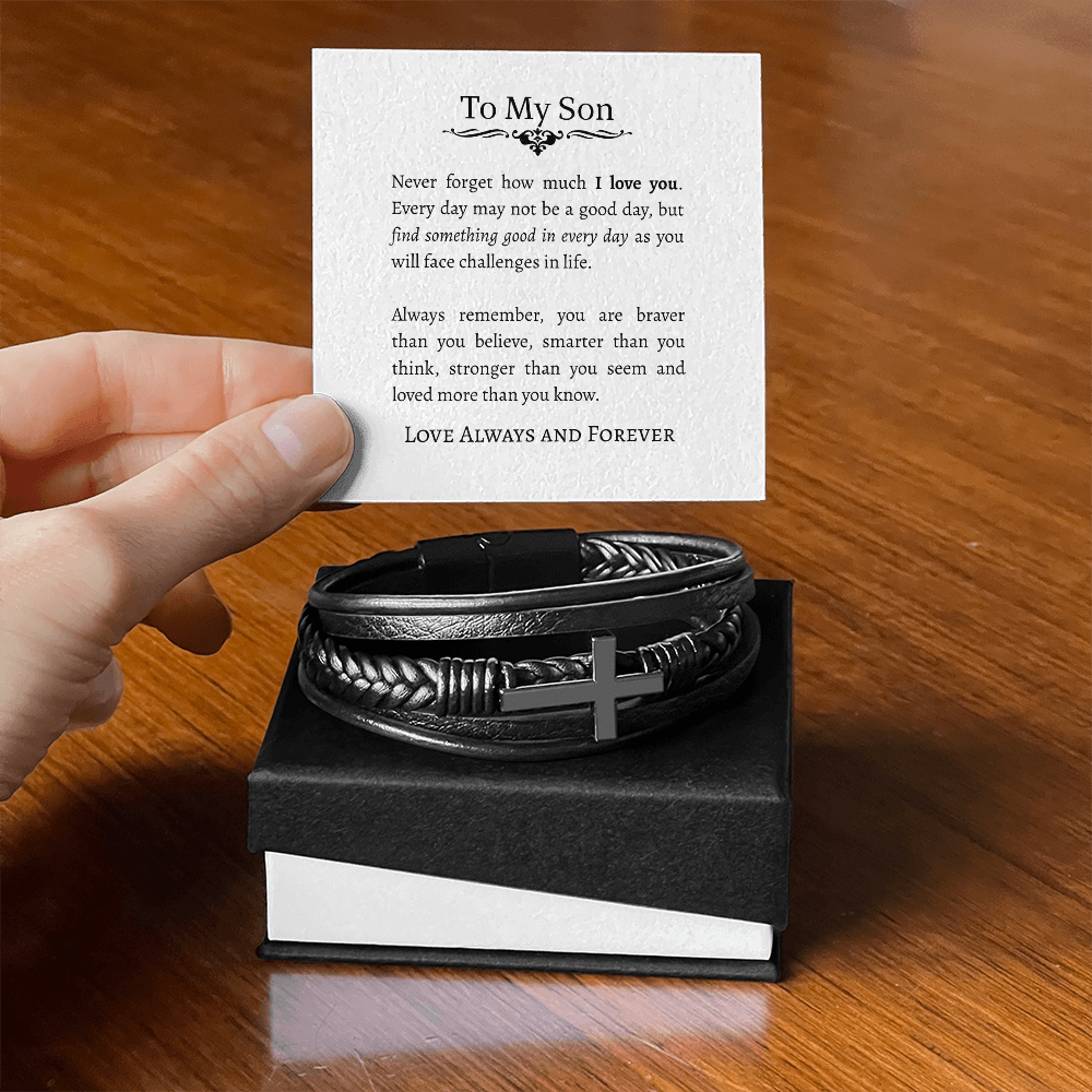 TO MY SON | I LOVE YOU | CROSS LEATHER BRACELET