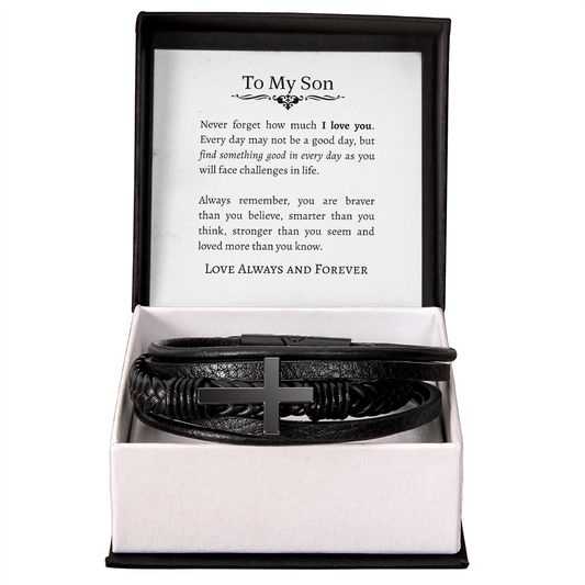 TO MY SON | I LOVE YOU | CROSS LEATHER BRACELET