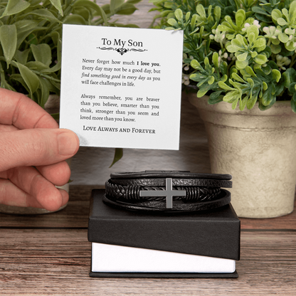 TO MY SON | I LOVE YOU | CROSS LEATHER BRACELET