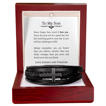 TO MY SON | I LOVE YOU | CROSS LEATHER BRACELET